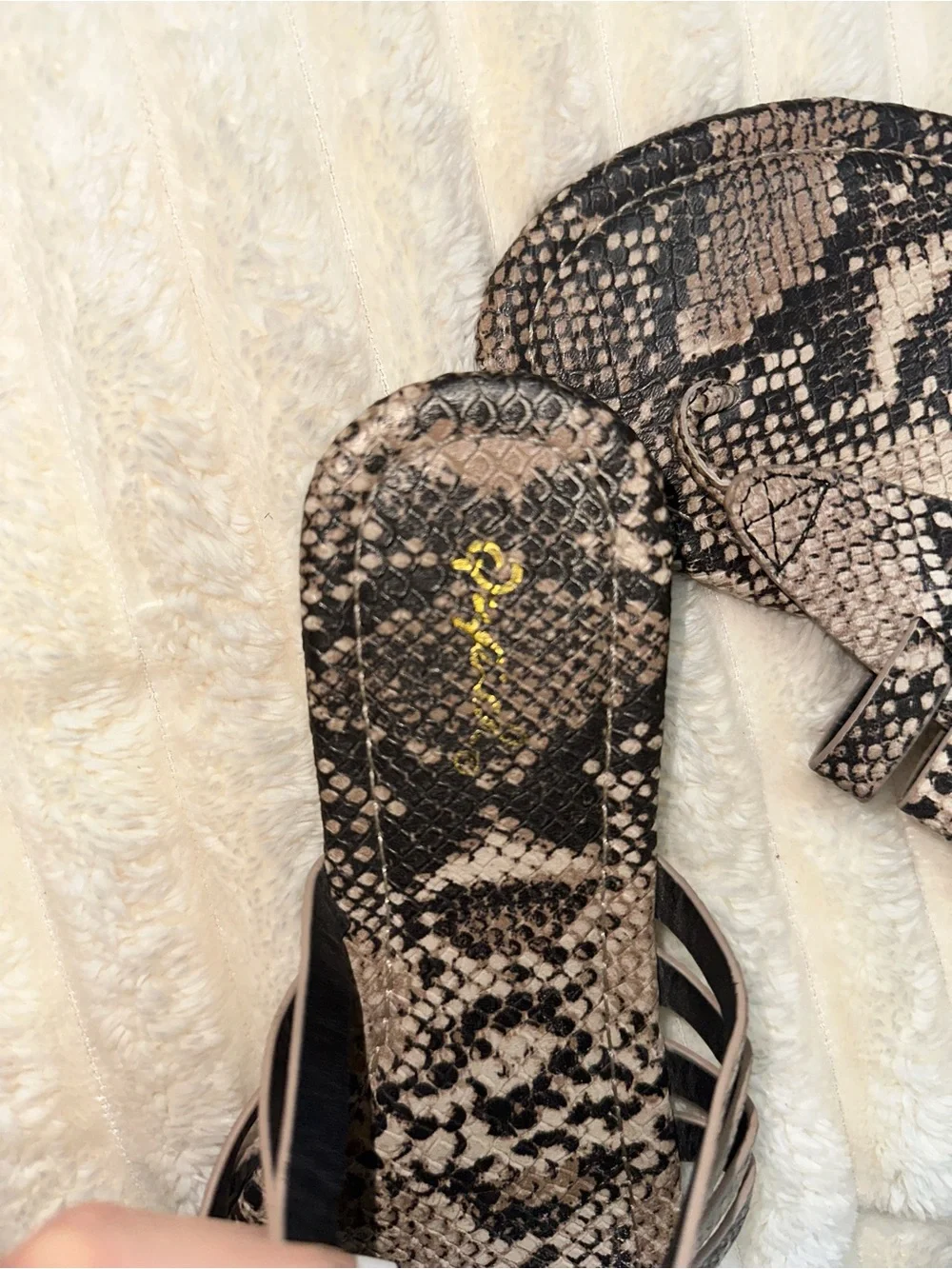 Qupid Snake Print Slide Sandals in Black and Cream